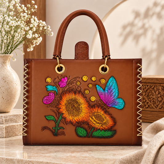 Bolsa artesanal café con girasoles y mariposa en relieve multicolor con cosmetiquera