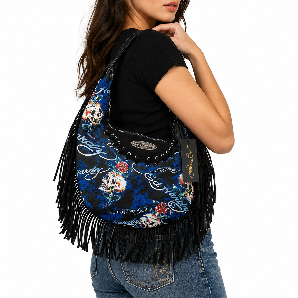 Bolsa Hobo Ed Hardy Original con Calaveras, Flores y Flecos