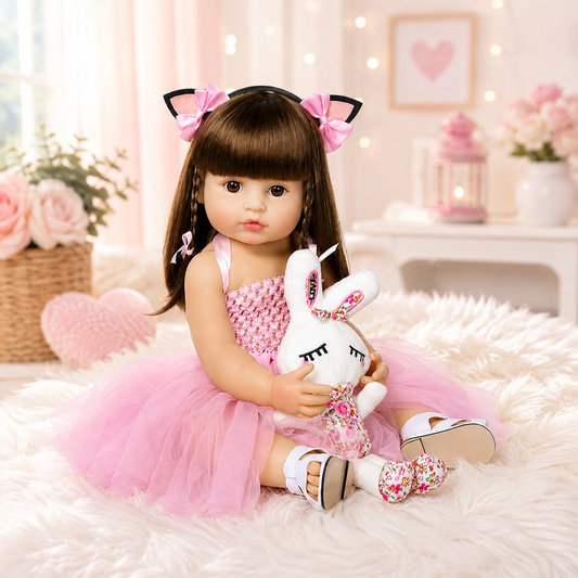 Muñeca bebé realista de vinilo 55 cm con cabello castaño y vestido rosa