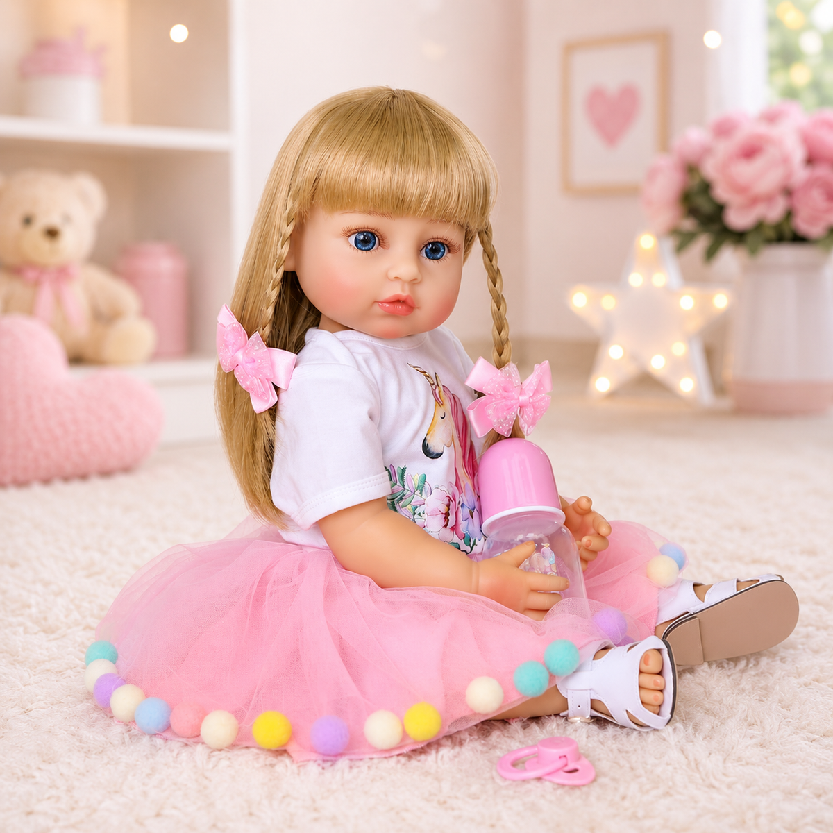 Muñeca bebé realista de vinilo 55 cm con cabello rubio y vestido rosa