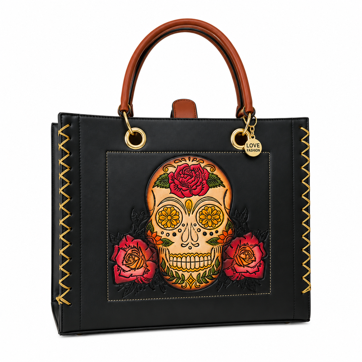 Black artisan bag with floral skull + cosmetic bag