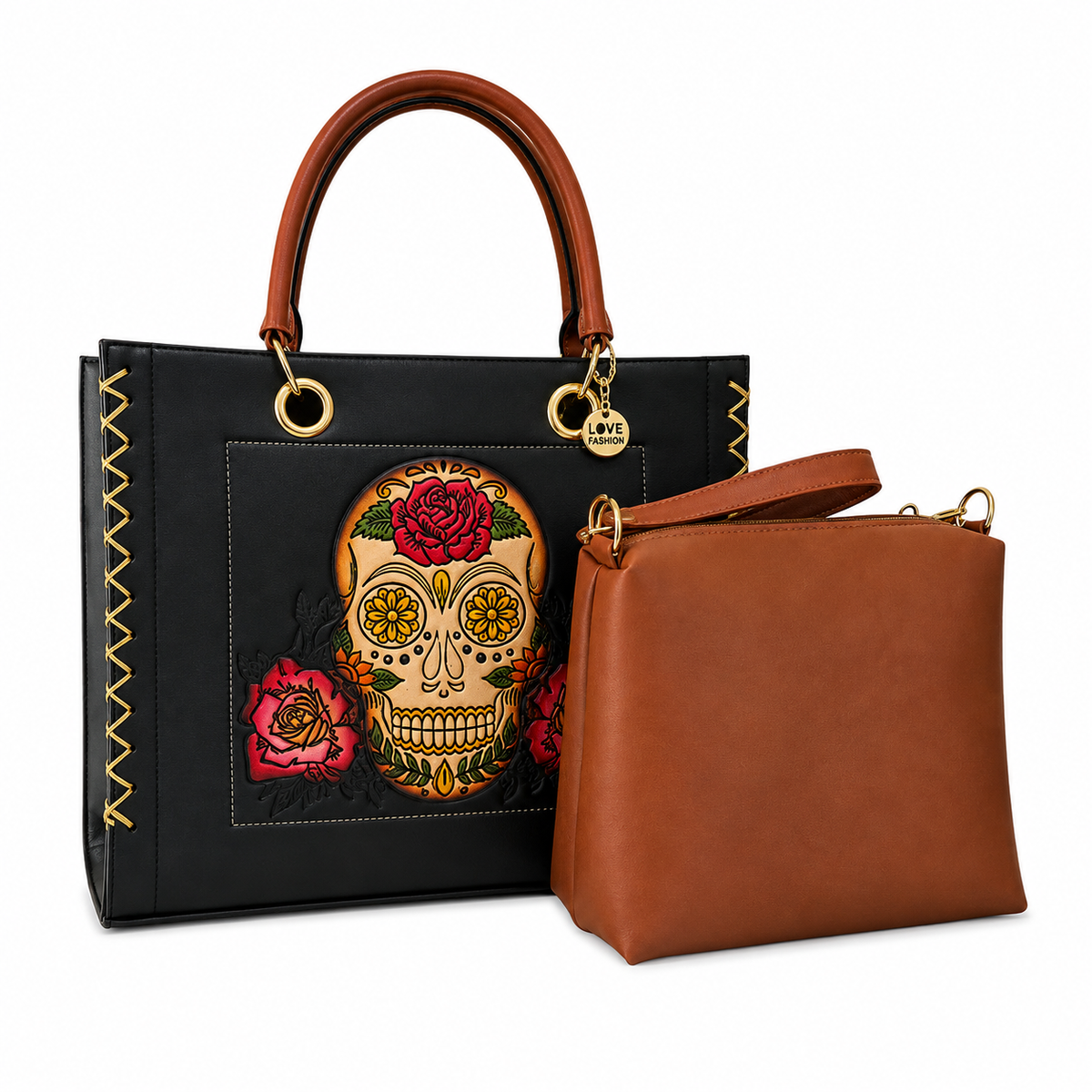 Black artisan bag with floral skull + cosmetic bag
