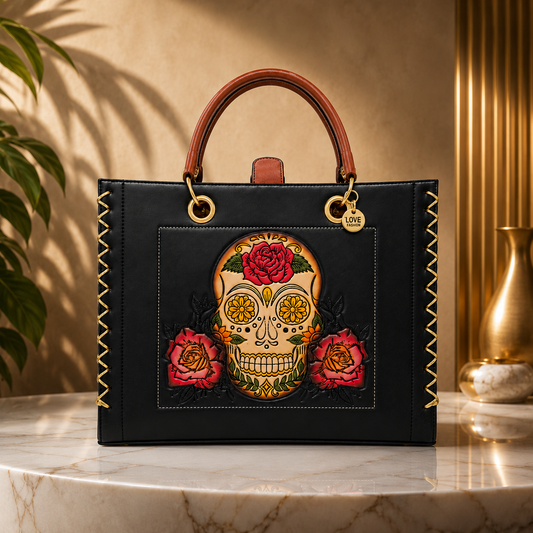 Black artisan bag with floral skull + cosmetic bag