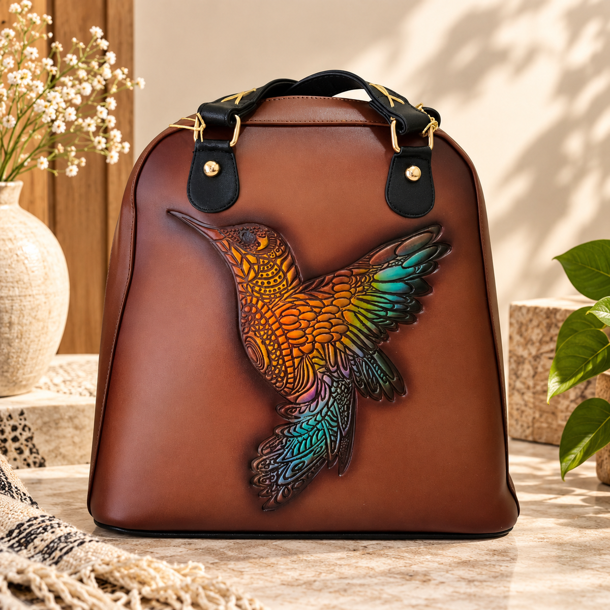 Bolsa Artesanal 2 en 1 Convertible en Mochila con Colibrí Multicolor en Relieve