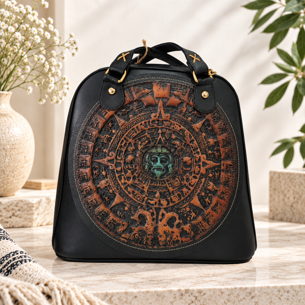 Bolsa Artesanal Negra con Calendario Azteca en Relieve