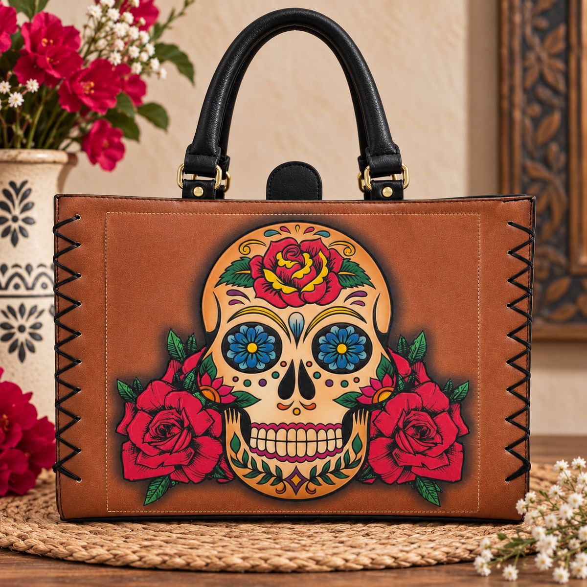 Handmade Handbag for Women with Mexican Skull and Rose Design, Day of the Dead Style
