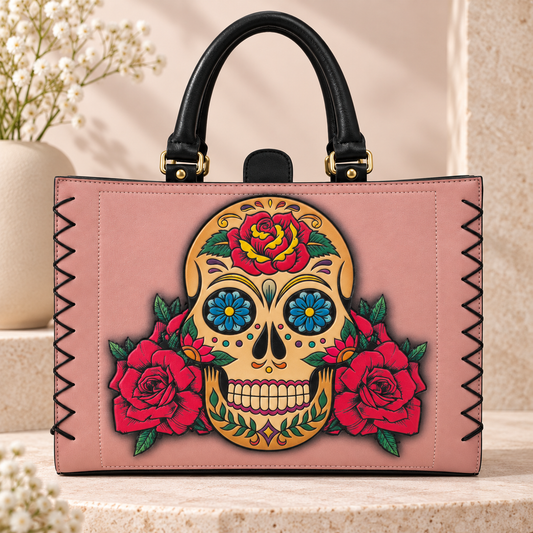 Handmade pink bag with Mexican sugar skull and roses
