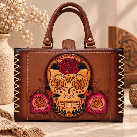 Handmade Brown Handbag with Skull and Rose Engraving