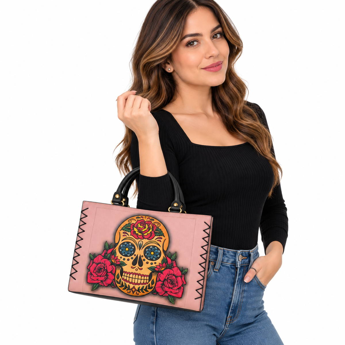Bolsa artesanal rosa con calavera mexicana y rosas