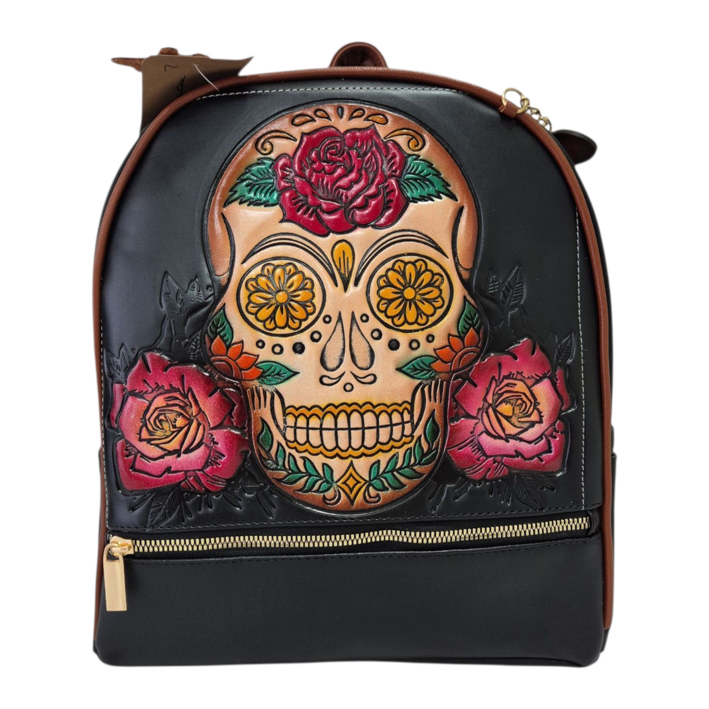 Mochila de Piel Negra con Calavera Mexicana y Rosas, Diseño Artesanal para Mujer