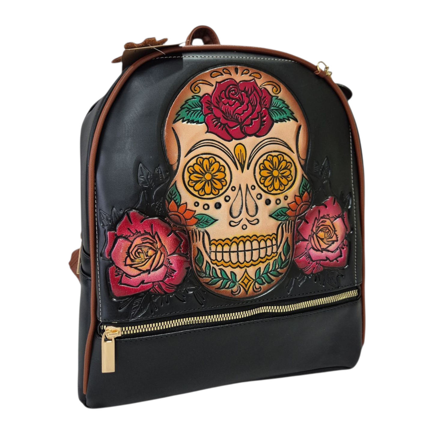 Mochila de Piel Negra con Calavera Mexicana y Rosas, Diseño Artesanal para Mujer