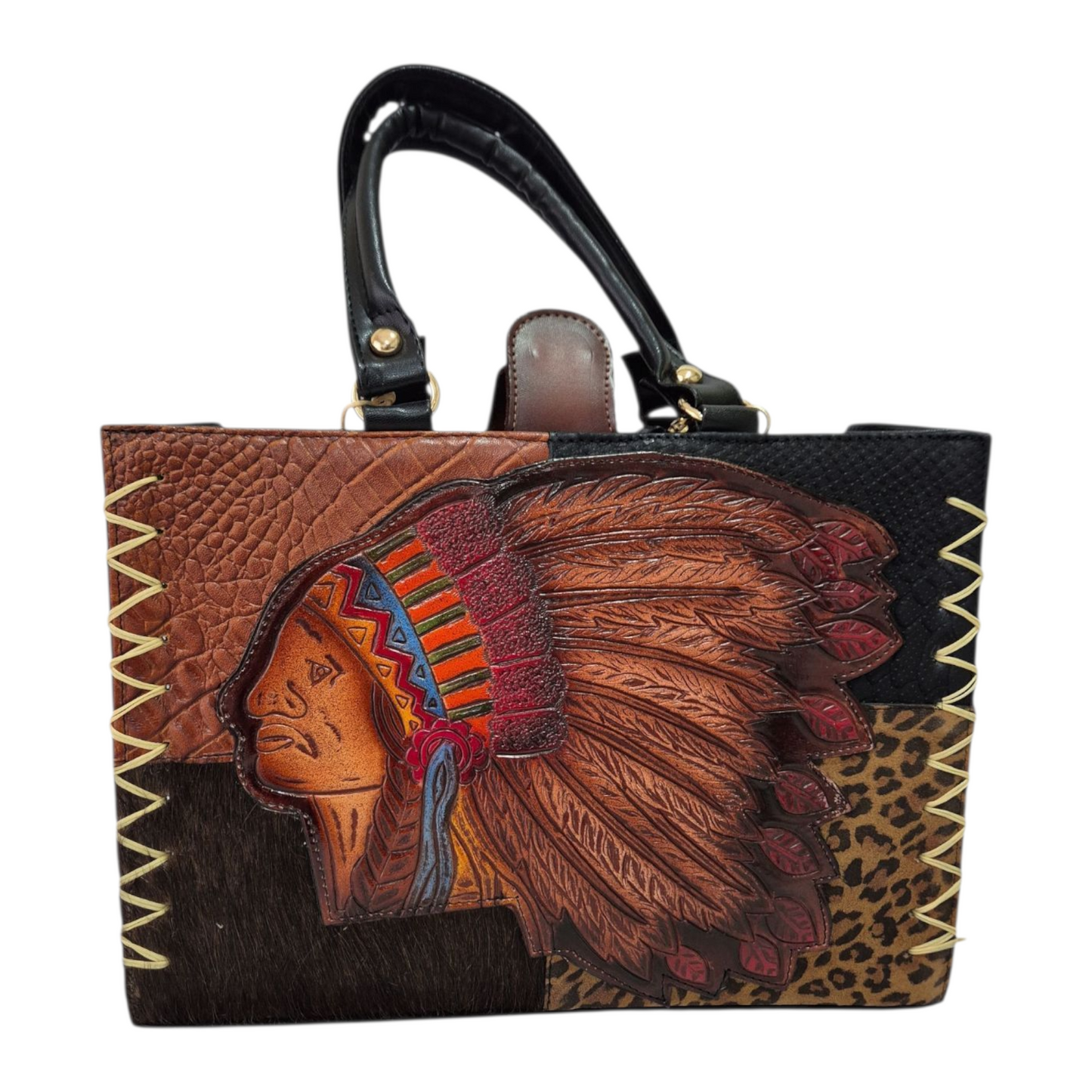 Bolsa de Mano Artesanal de Piel con Grabado de Jefe Indio y Detalles Animal Print Hecha a Mano, Única y Exclusiva
