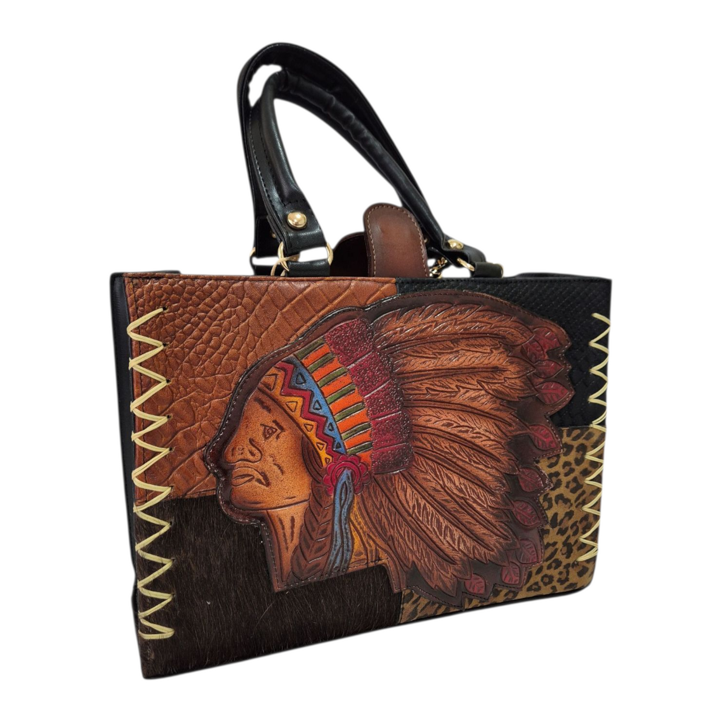 Bolsa de Mano Artesanal de Piel con Grabado de Jefe Indio y Detalles Animal Print Hecha a Mano, Única y Exclusiva