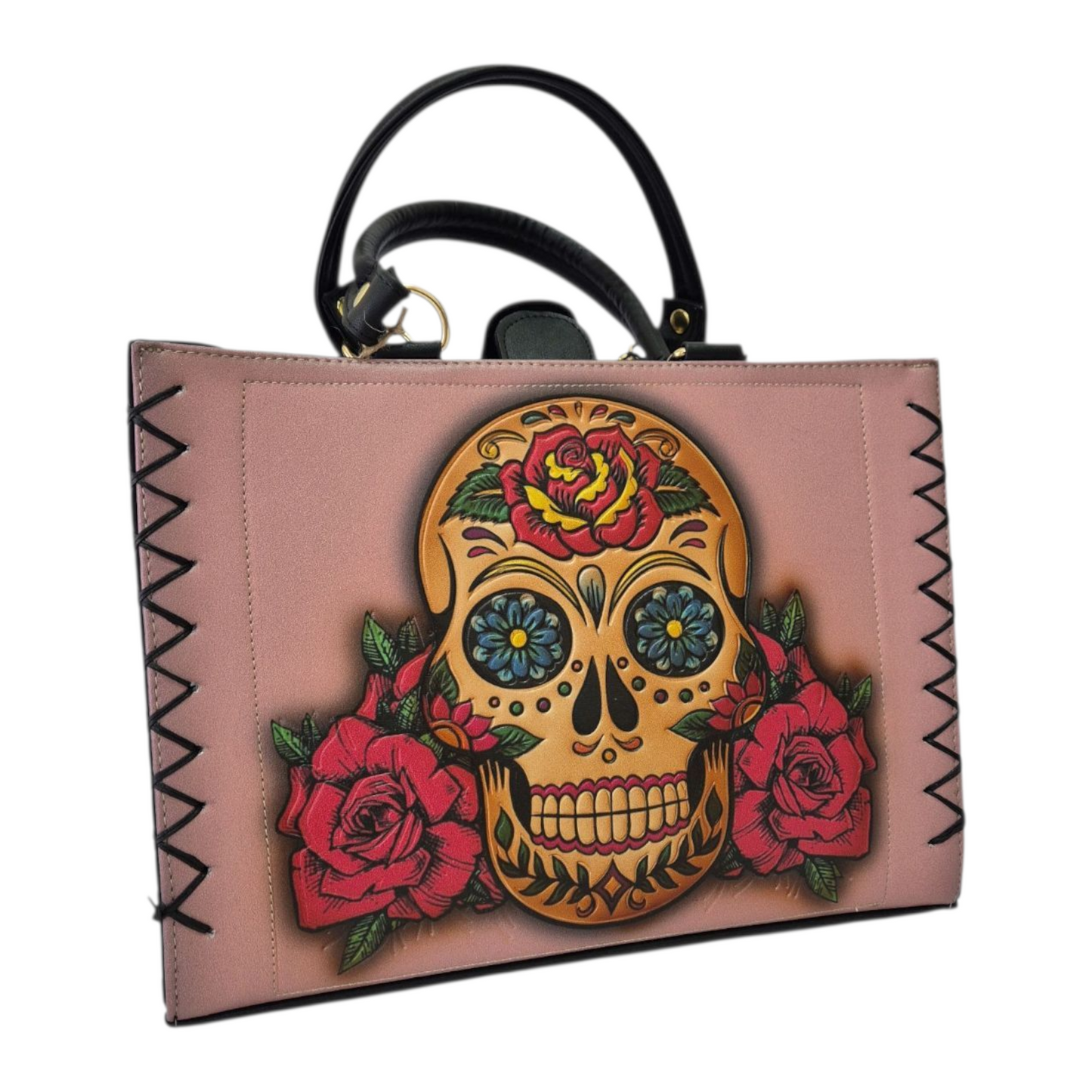 Bolso de Mano Rosa con Diseño de Calavera Mexicana y Rosas