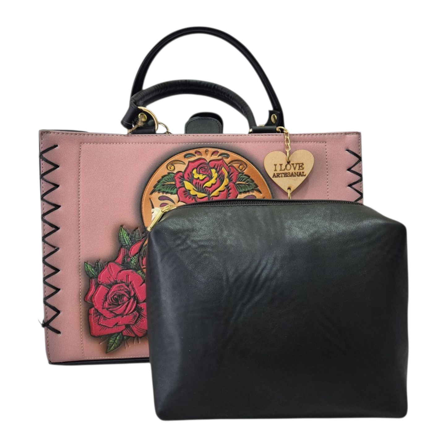 Bolso de Mano Rosa con Diseño de Calavera Mexicana y Rosas