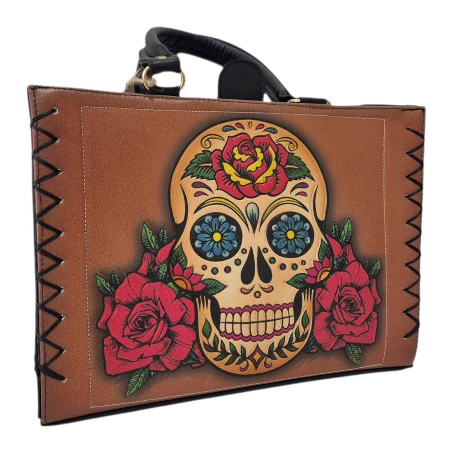 Bolsa de Mano Artesanal Para Mujer con Diseño Calavera Mexicana y Rosas Estilo Día de los Muertos