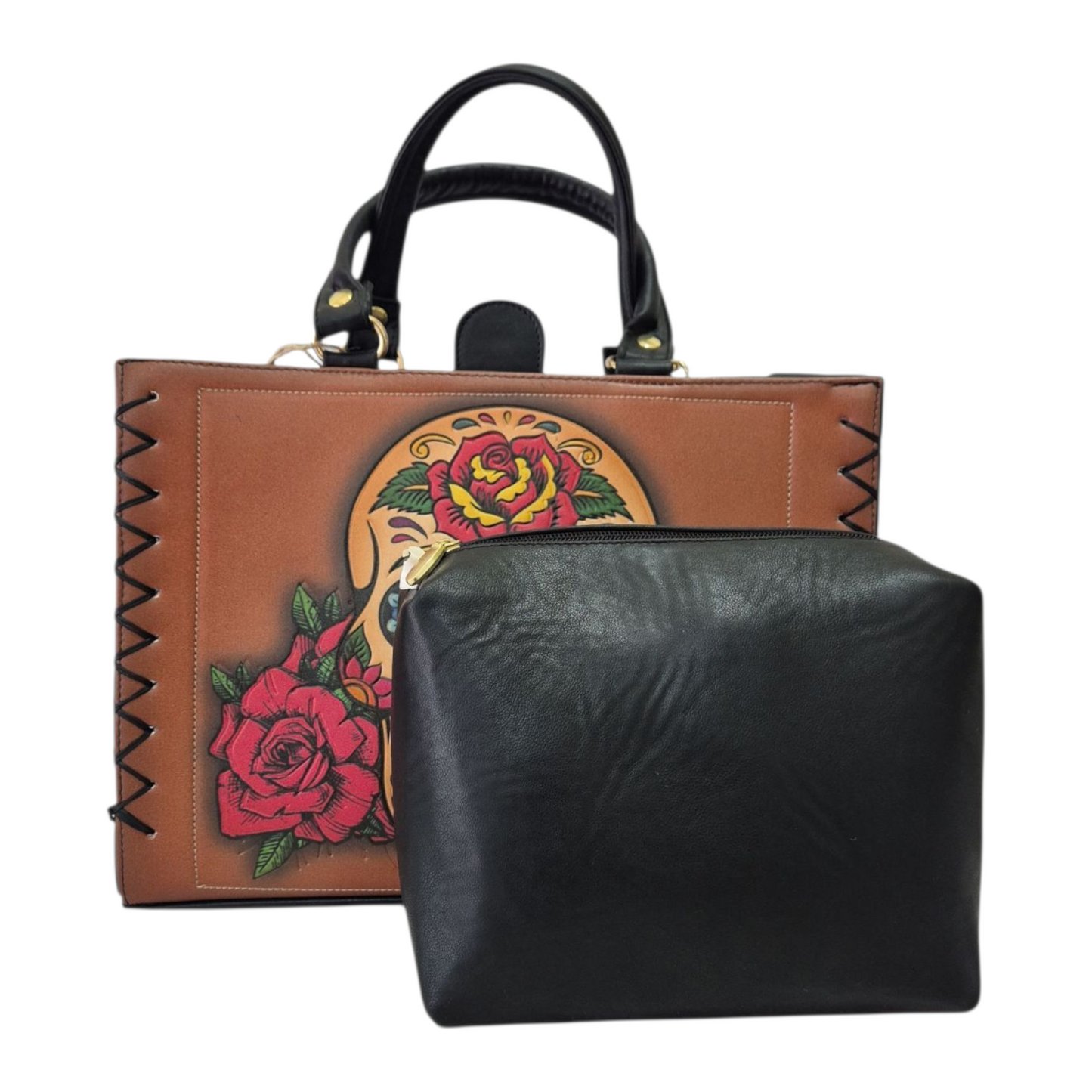 Bolsa de Mano Artesanal Para Mujer con Diseño Calavera Mexicana y Rosas Estilo Día de los Muertos