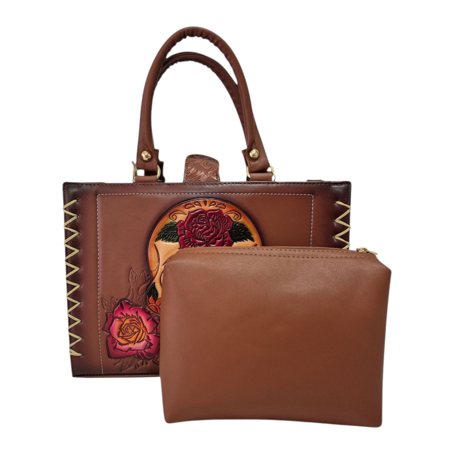 Bolsa de Mano Artesanal Color Marron con Grabado de Calavera y Rosas
