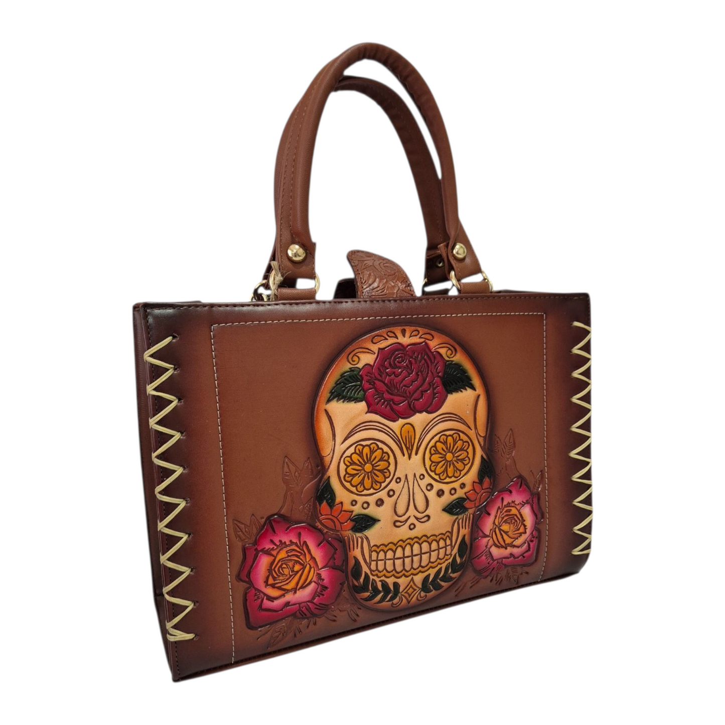 Bolsa de Mano Artesanal Color Marron con Grabado de Calavera y Rosas