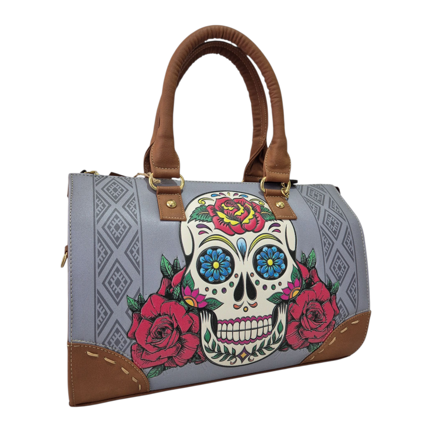 Bolsa Artesanal Mexicana Dama Asa Larga y Asa Corta – Diseño Calavera Floral Colorido