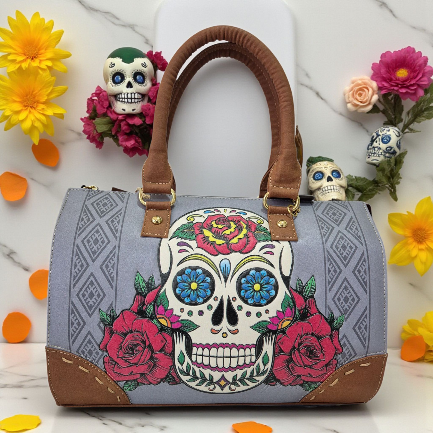 Bolsa Artesanal Mexicana Dama Asa Larga y Asa Corta – Diseño Calavera Floral Colorido