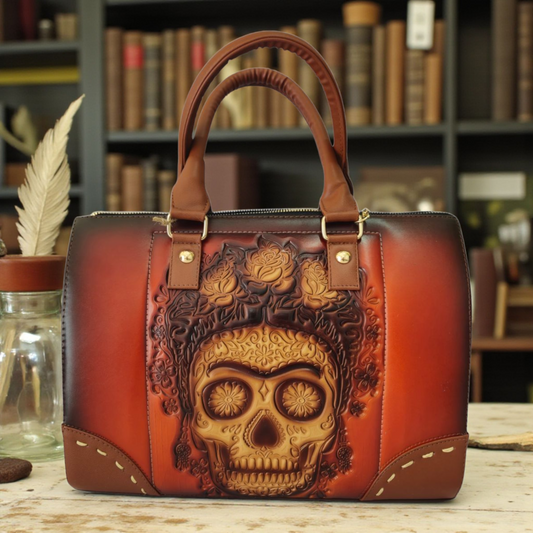 Bolsa artesanal grabada con diseño de Catrina floral