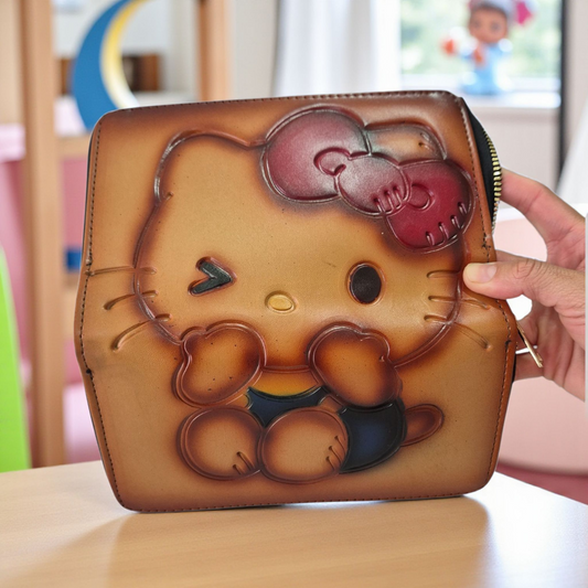 Billetera artesanal grabada en piel diseño de personaje tierno