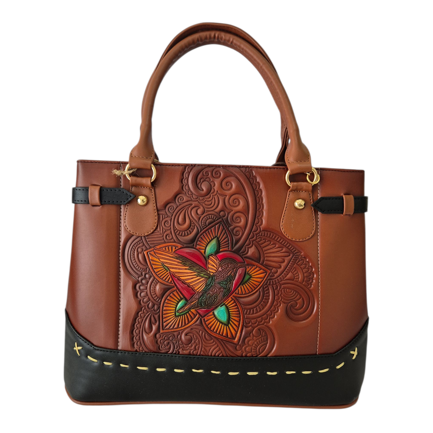 Bolsa artesanal grabada con colibrí multicolor — Hecha a mano en México