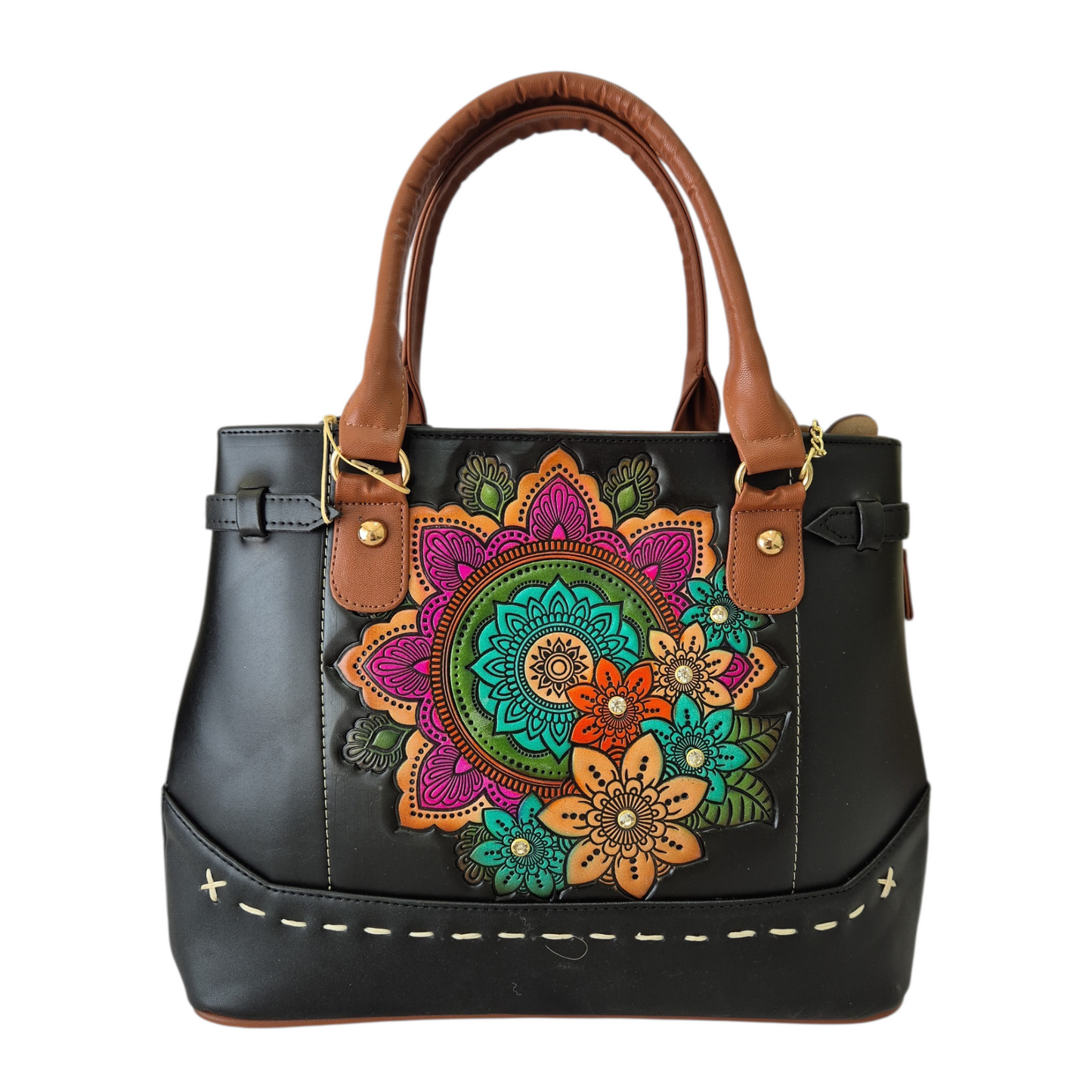 Bolsa artesanal con mandala floral multicolor