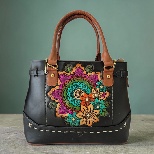 Bolsa artesanal con mandala floral multicolor
