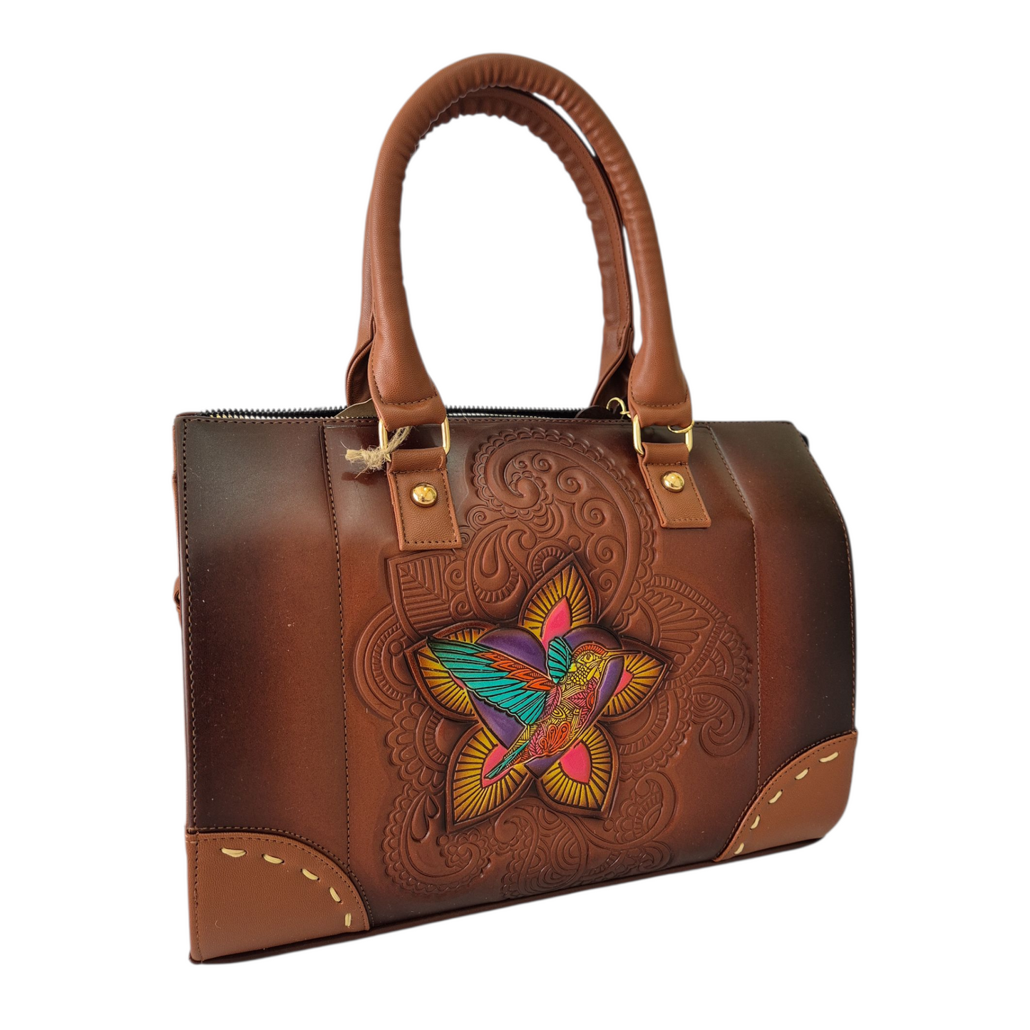 Bolsa artesanal café con diseño grabado y colibrí colorido
