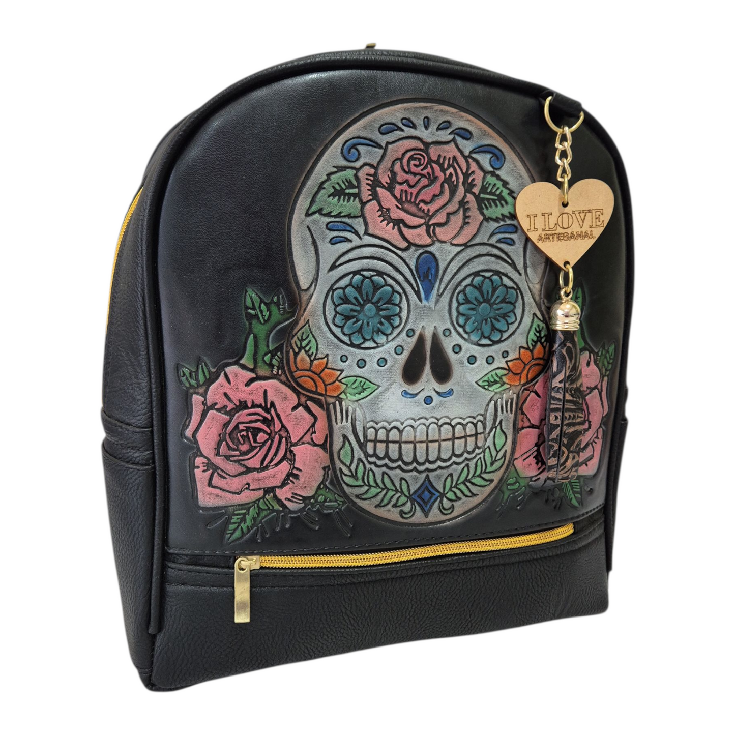 Mochila Artesanal de Piel con Calavera Floral — Diseño Único Hecho a Mano