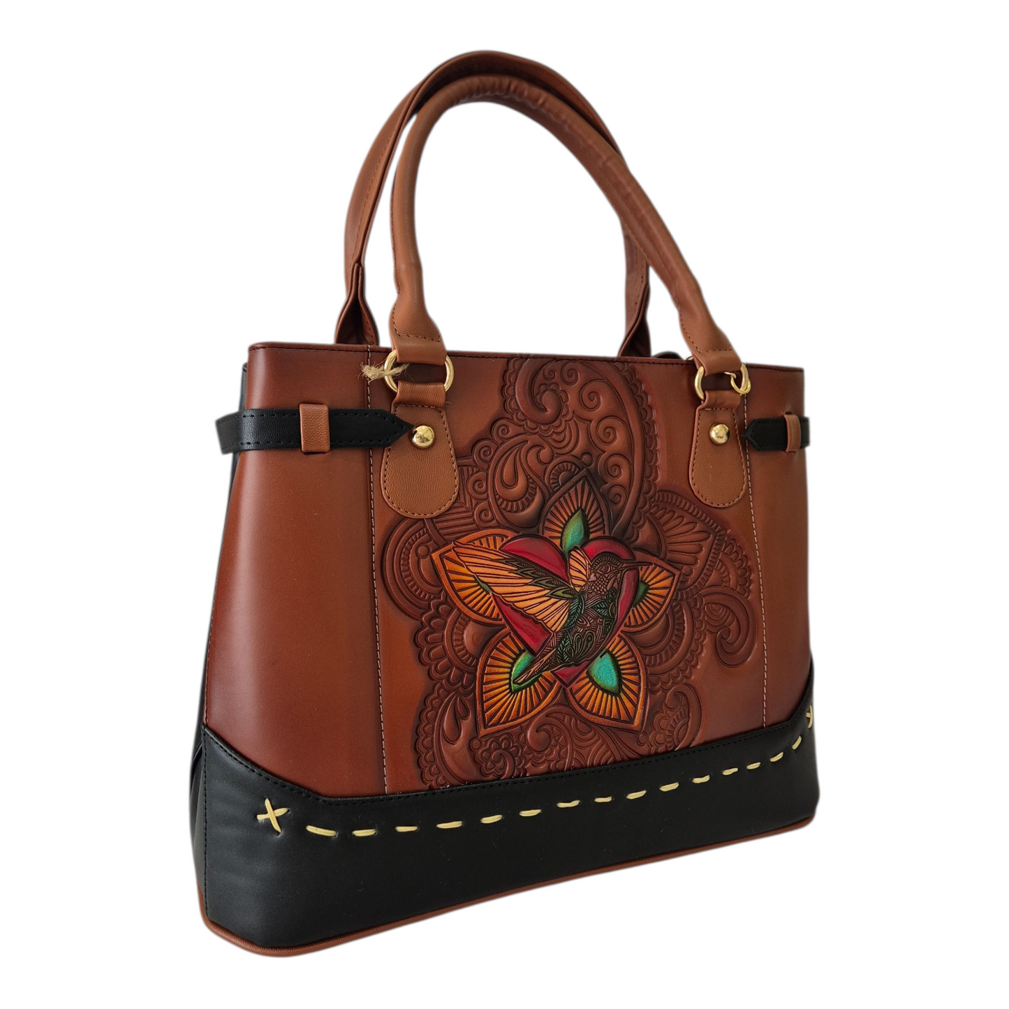 Bolsa artesanal grabada con colibrí multicolor — Hecha a mano en México