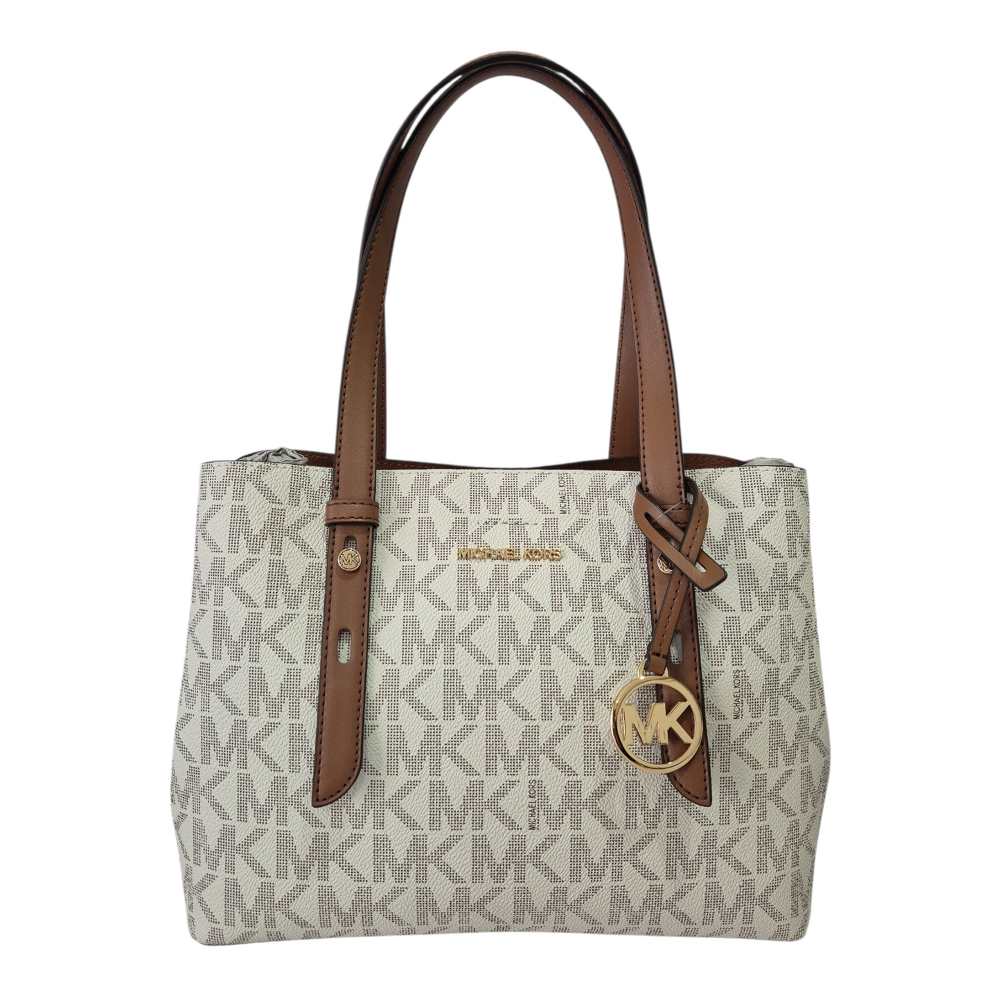 Bolsa Michael Kors tote MK Signature beige con detalles café mediana