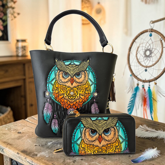 Bolsa Negra con Búho Atrapasueños Turquesa + Cartera