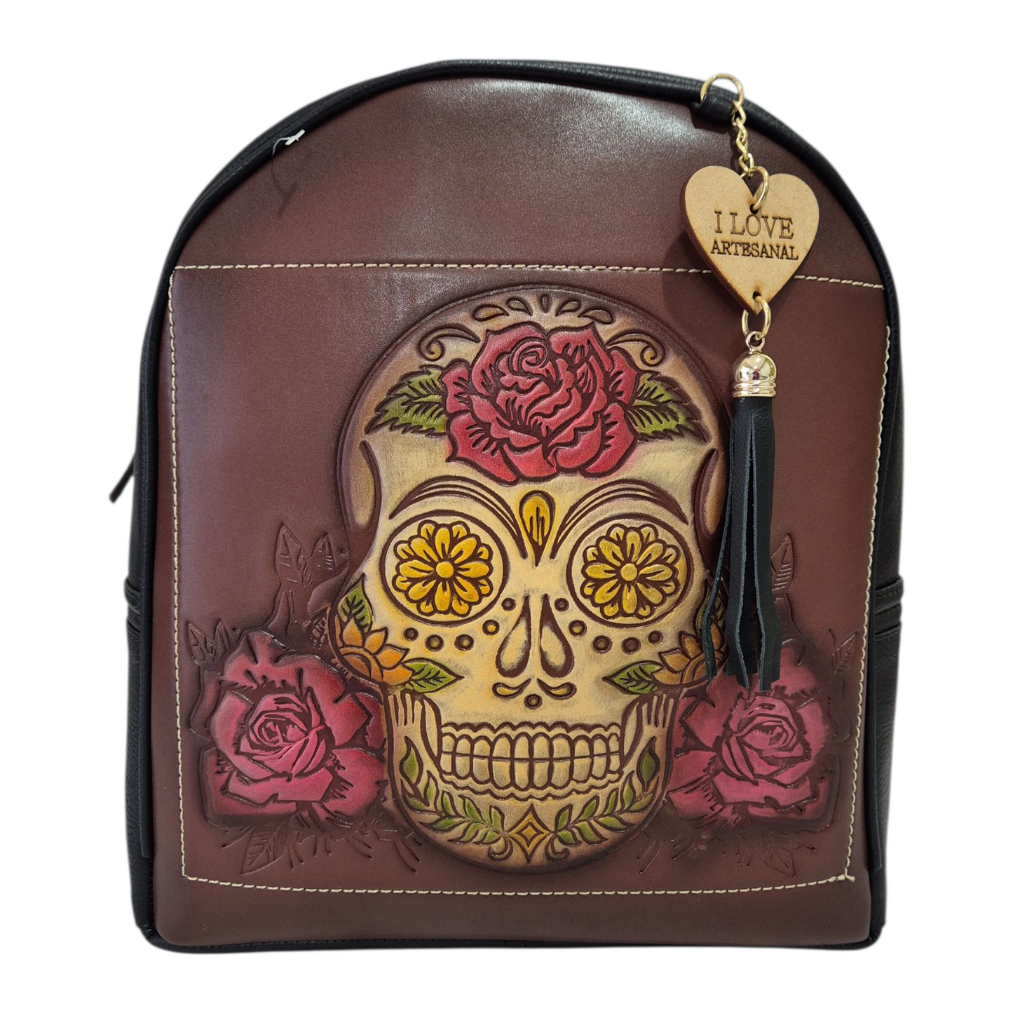 brown leather skull-backpack Handmade brown and black backpack engraved with a skull and flowers in – Meraki Nogales