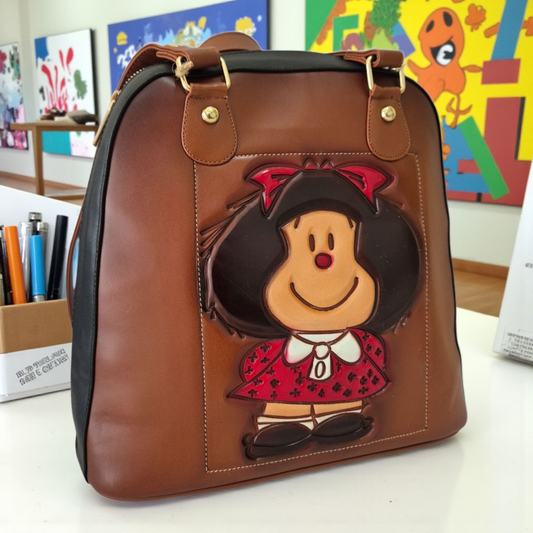 Bolsa-Mochila Artesanal de Piel Hecha a Mano Diseño Encantador Grabado y Pintado A Mano