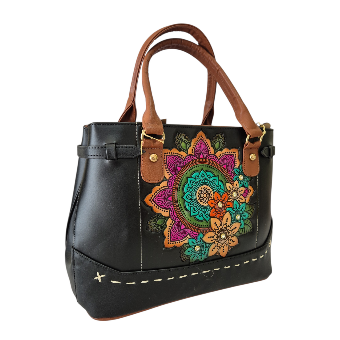 Bolsa artesanal con mandala floral multicolor