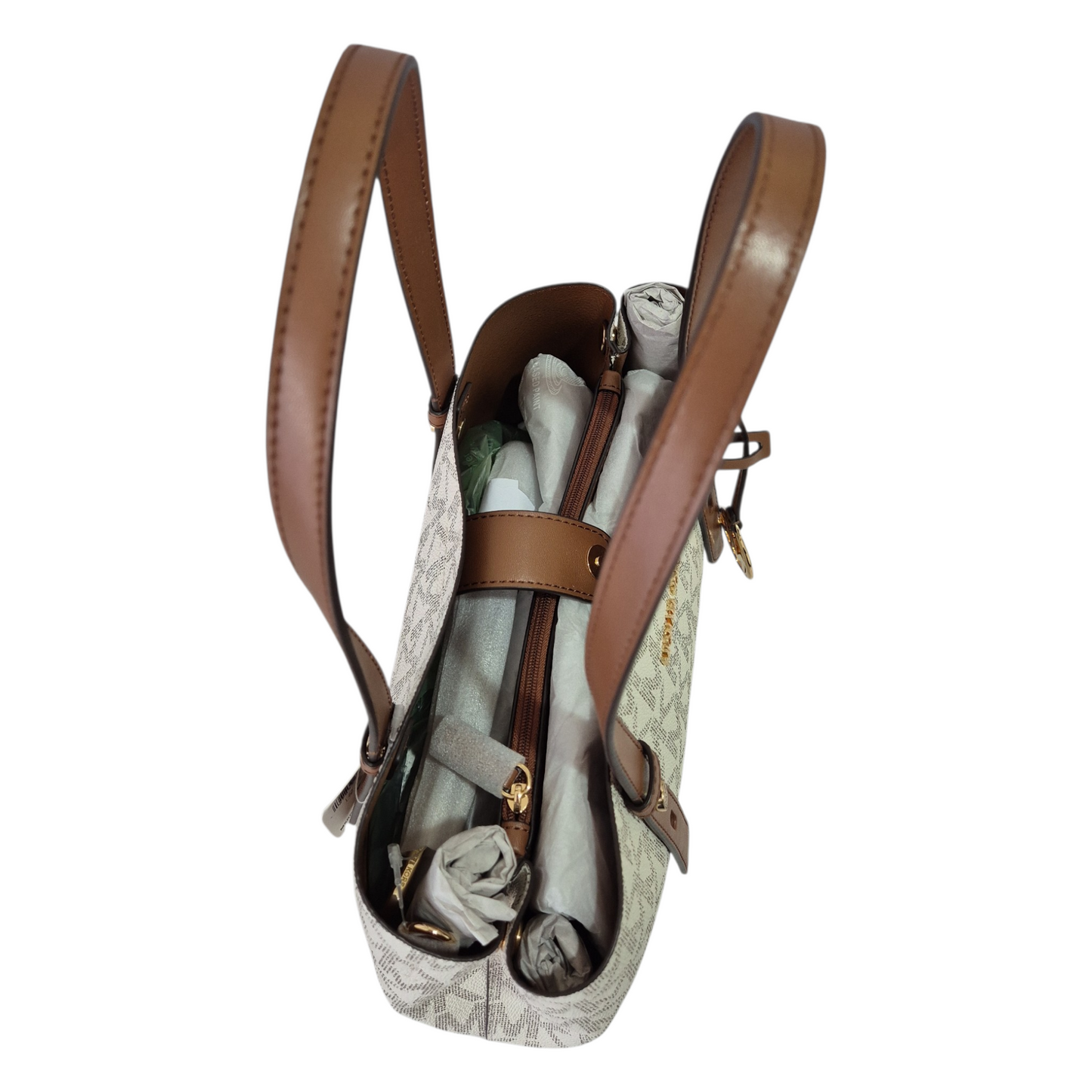 Bolsa Michael Kors tote MK Signature beige con detalles café mediana