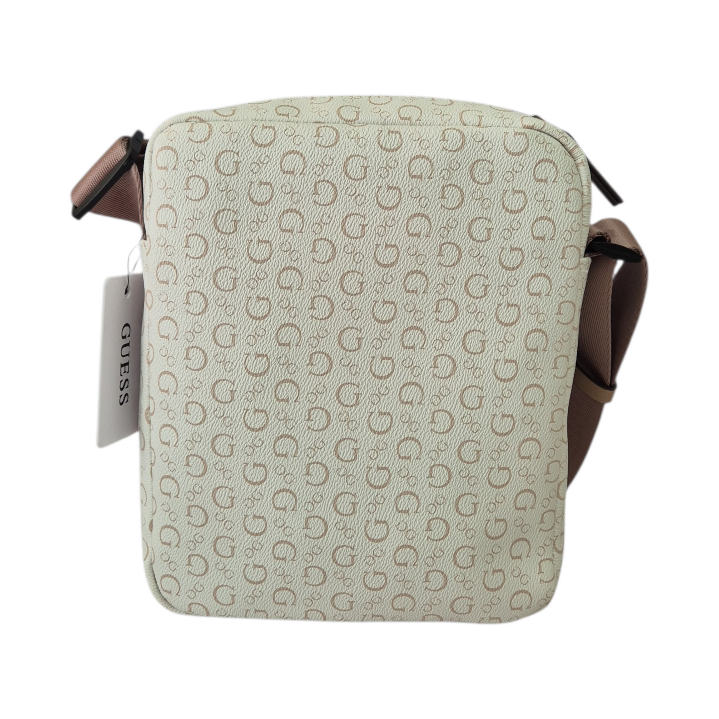 Bolsa Guess beige crossbody con logo triangular y correa ajustable original
