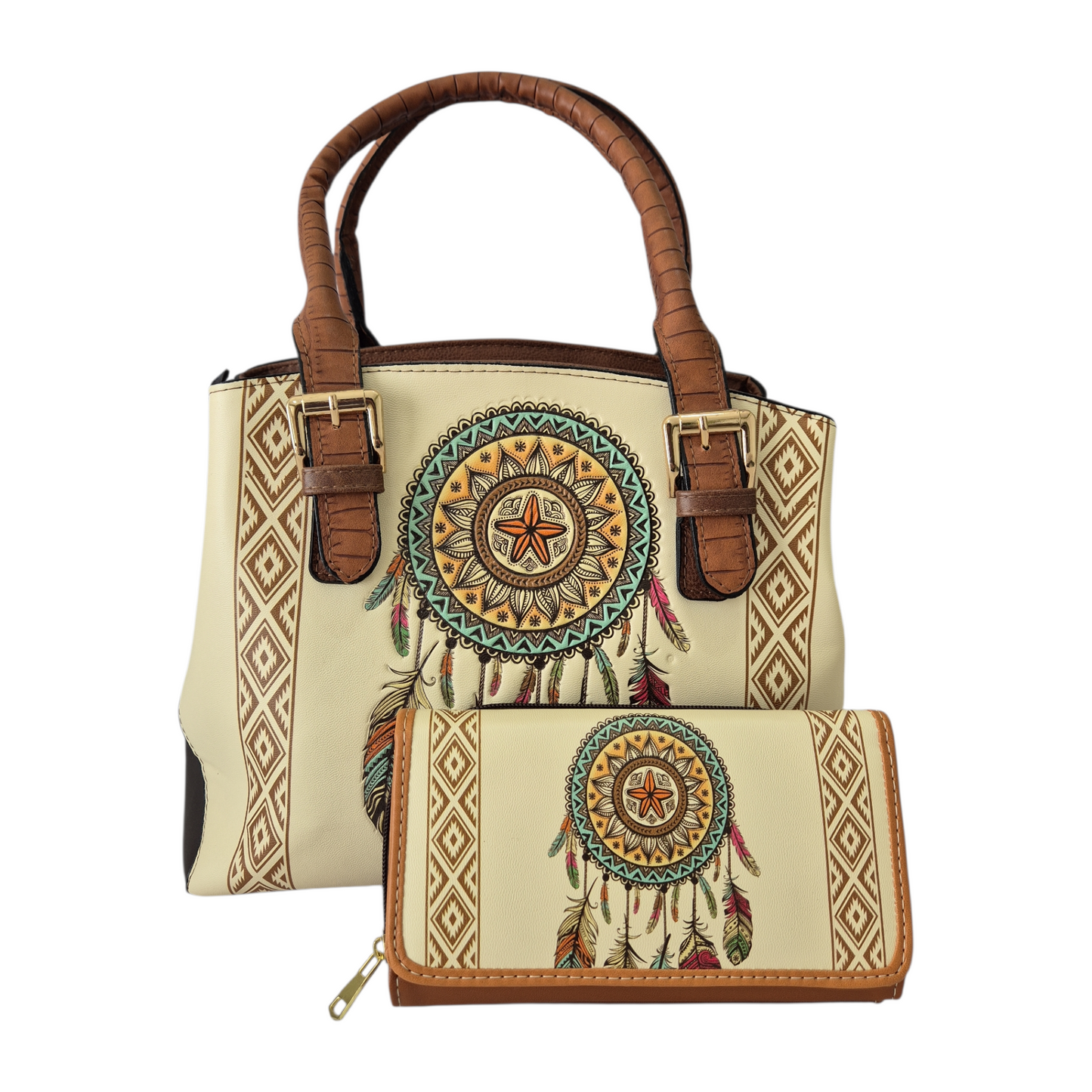 Set Artesanal de Bolsa y Billetera en Cuero Vegano con Diseño Étnico Atrapasueños