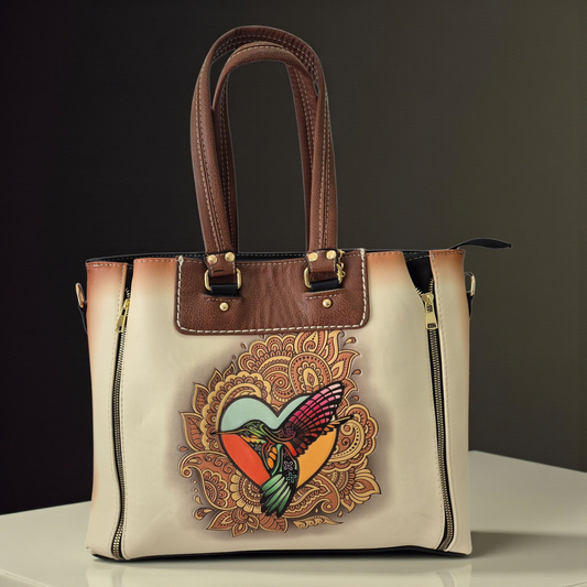 Bolsa beige con grabado de colibrí multicolor doble compartimento