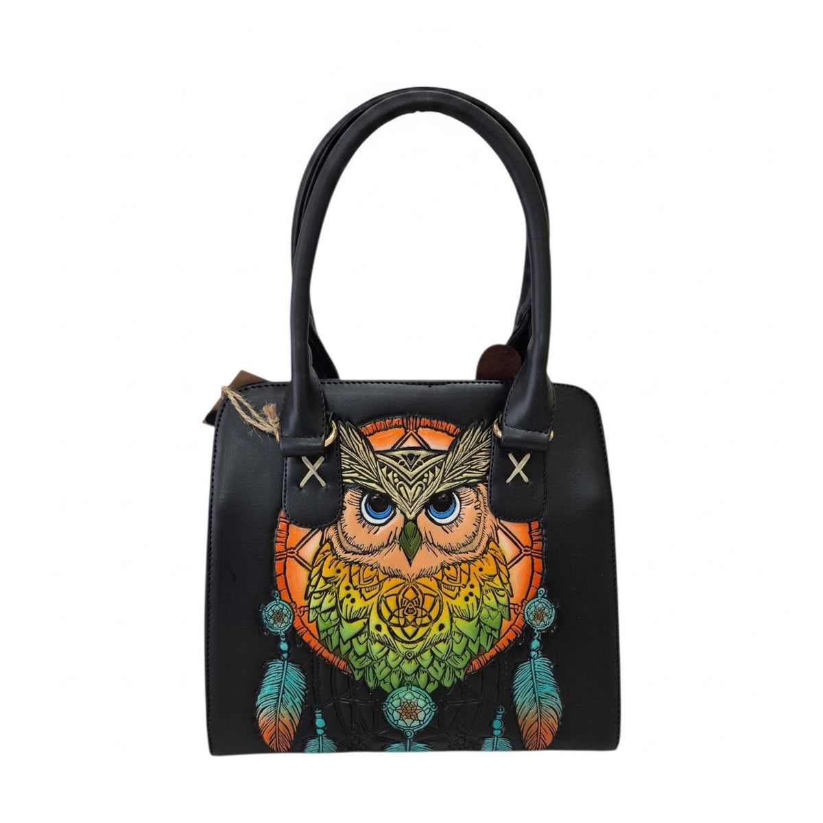Bolsa Artesanal Negra con Búho en Relieve y Diseño Atrapasueños