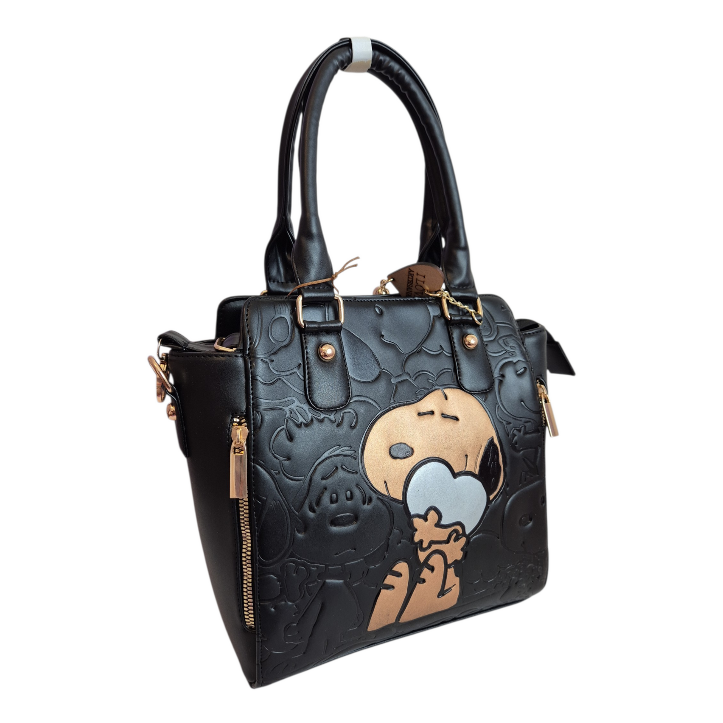 Bolsa Snoopy negra de mano con diseño grabado y correa ajustable