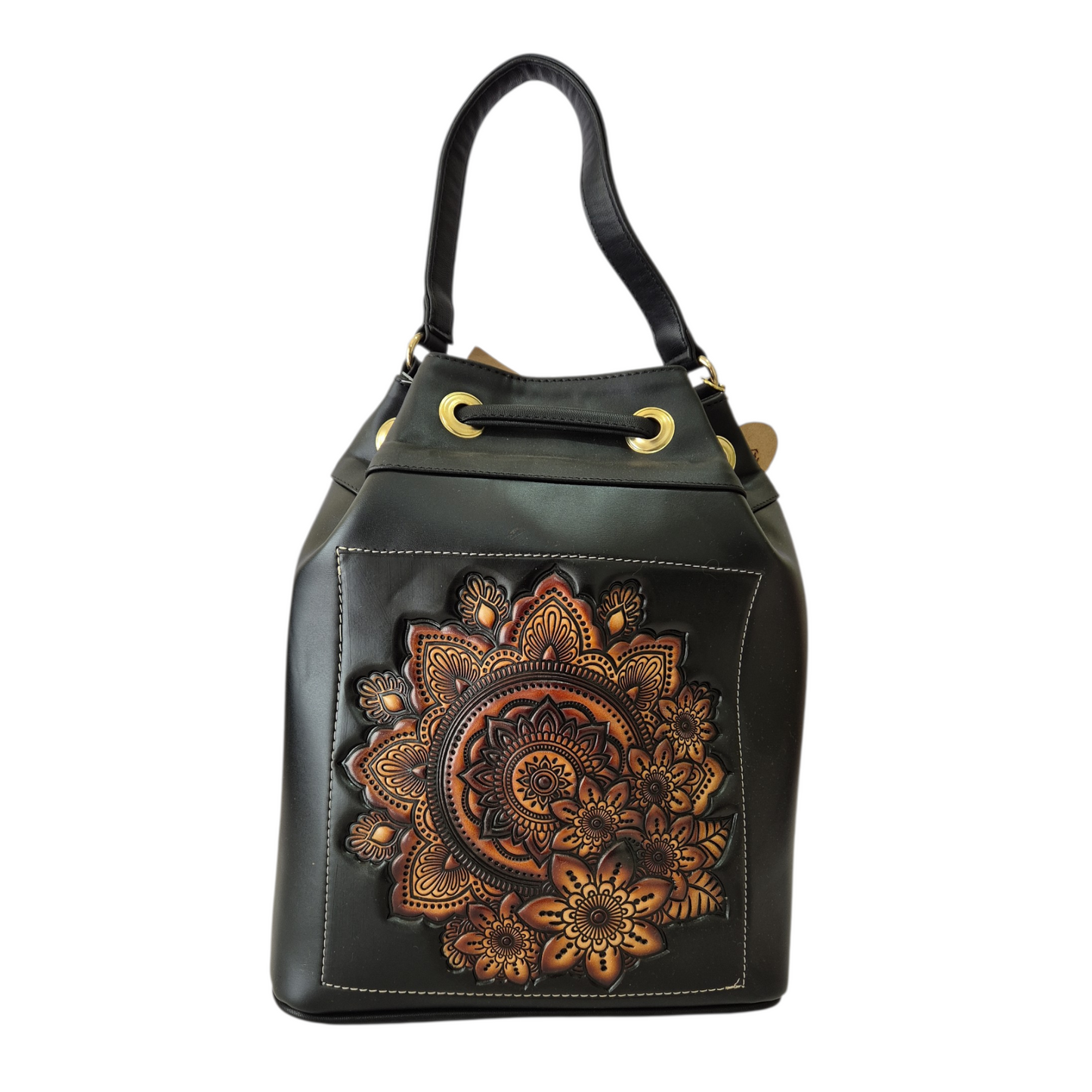 Set de Bolsa Tipo Bucket y Billetera Artesanal con Grabado Mandala en Relieve