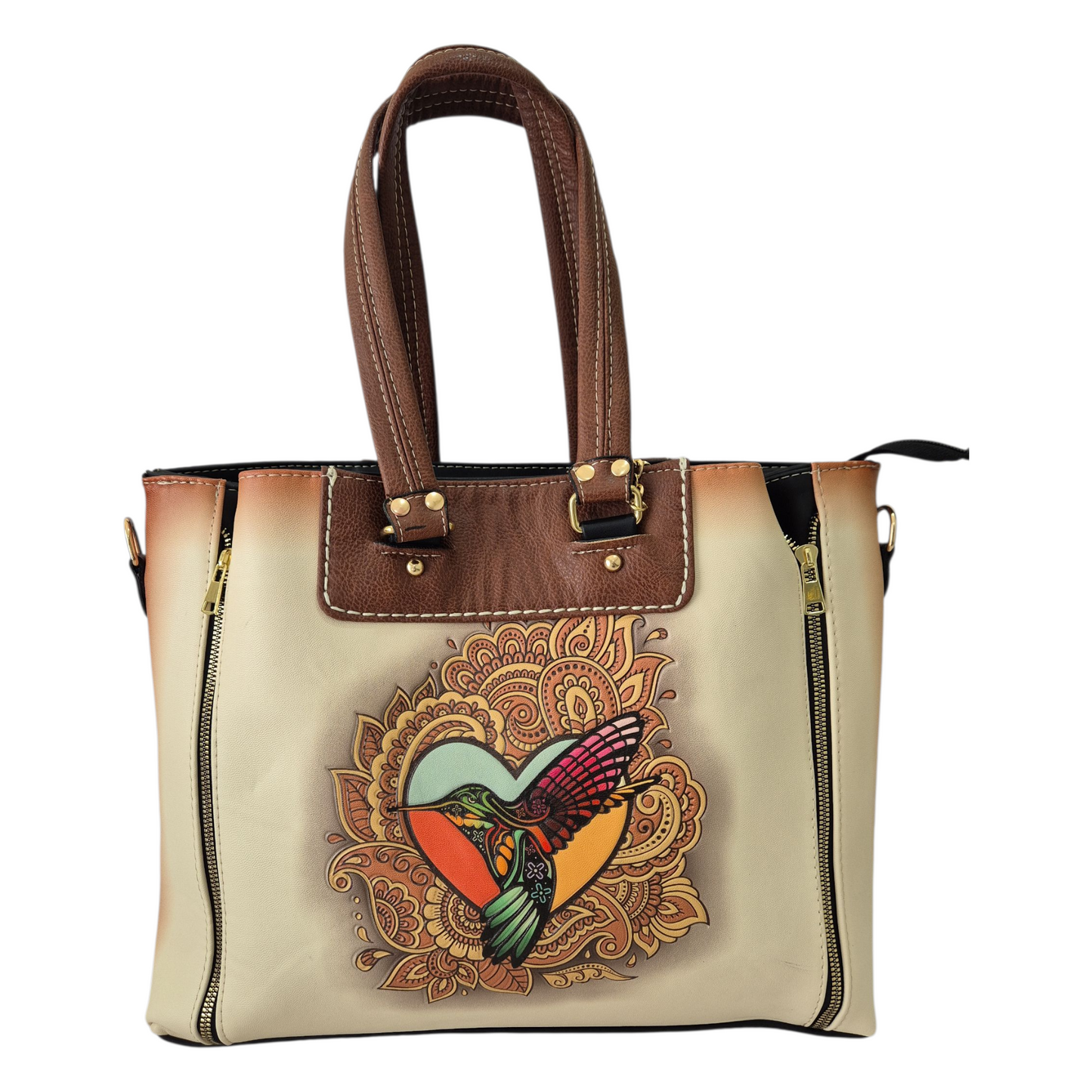 Bolsa beige con grabado de colibrí multicolor doble compartimento