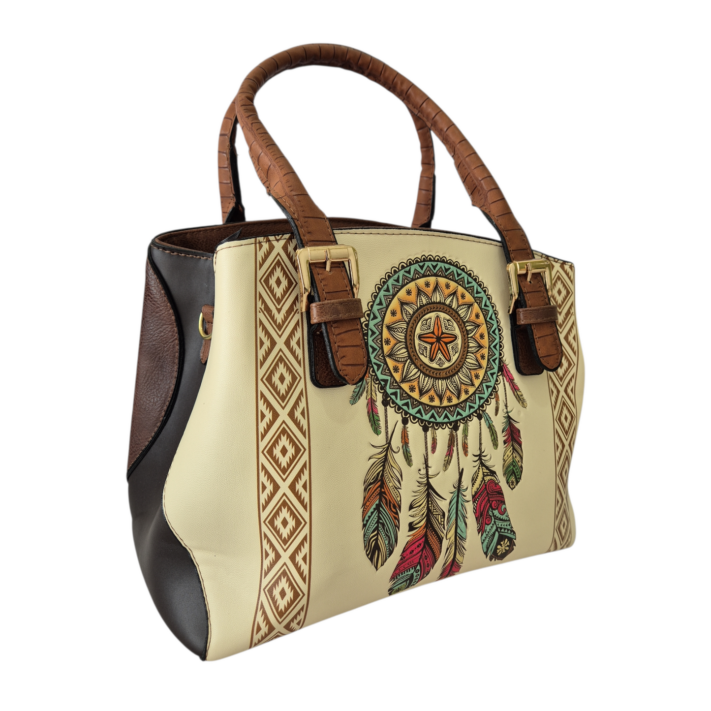 Set Artesanal de Bolsa y Billetera en Cuero Vegano con Diseño Étnico Atrapasueños