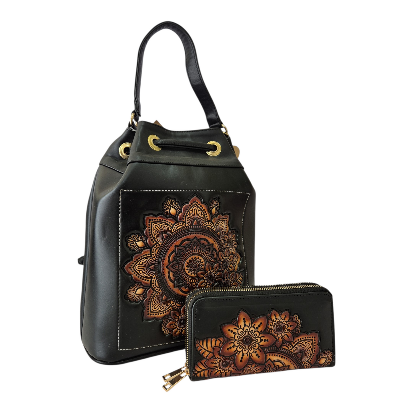 Set de Bolsa Tipo Bucket y Billetera Artesanal con Grabado Mandala en Relieve