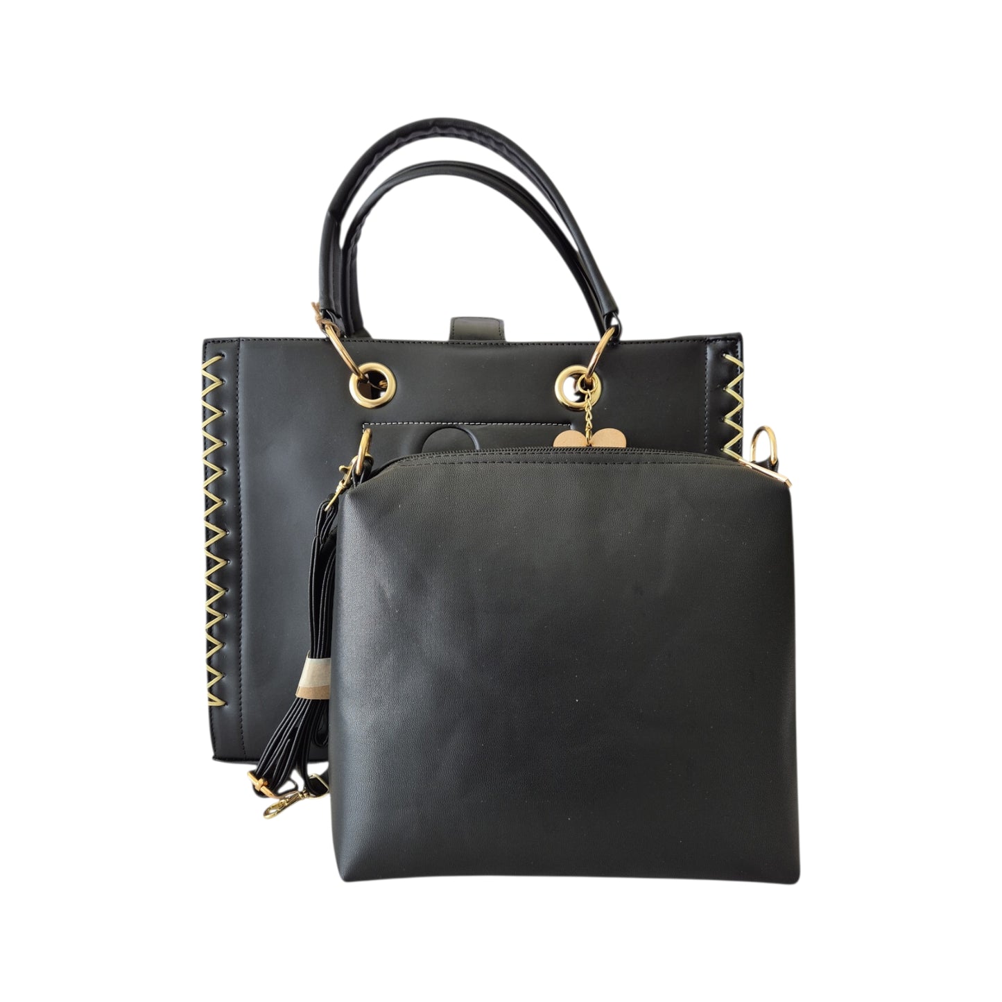Handmade bag with a unique design. Includes a cosmetic bag, short handles, and an adjustable long strap.