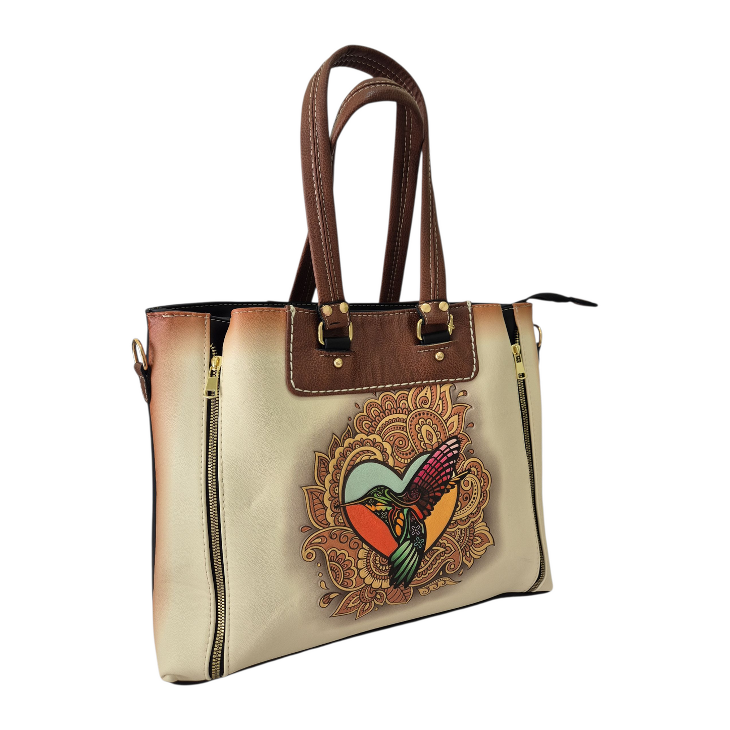 Bolsa beige con grabado de colibrí multicolor doble compartimento